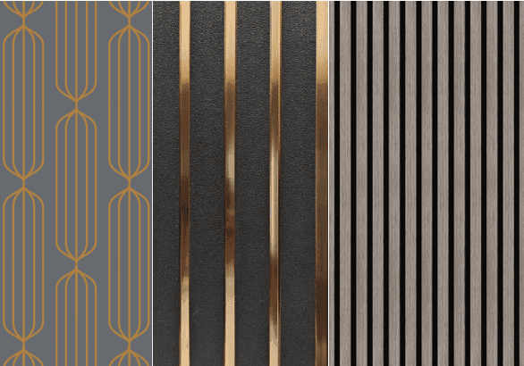 Three panels with vertical patterns: gold on gray, gold on black, and silver on beige.